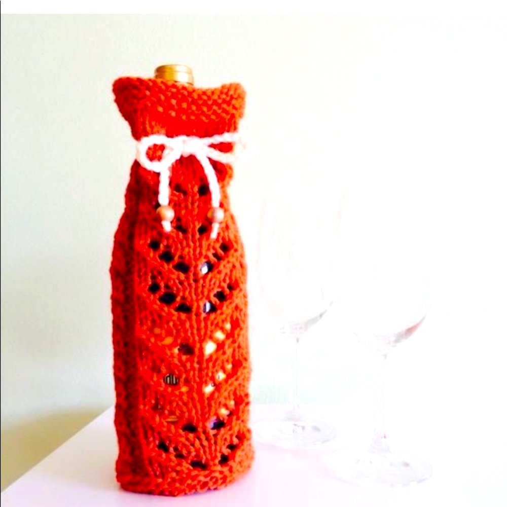 New hand knit orange wine bottle cozy / bag